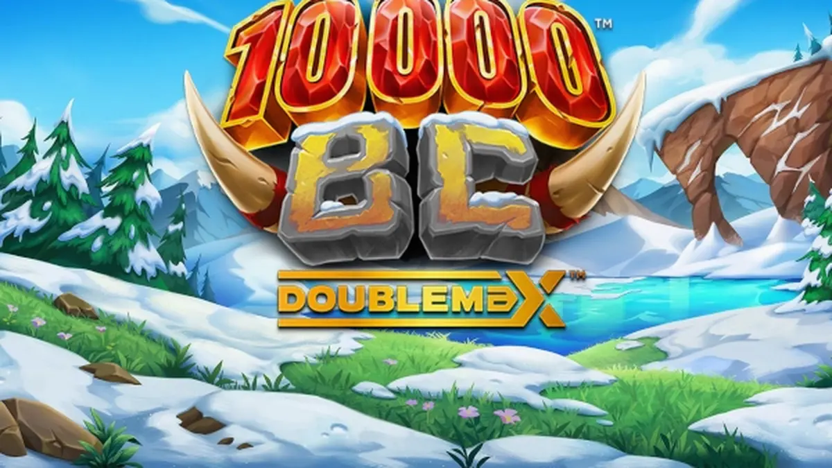 Interface do jogo 10000 BC DoubleMax com símbolos pré-históricos e multiplicador