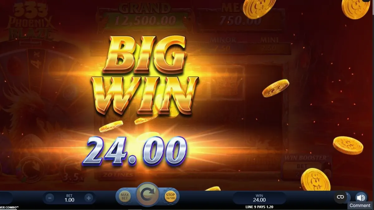 Cenário vulcânico épico do slot 333 Phoenix Blaze Power Combo com a fênix em destaque