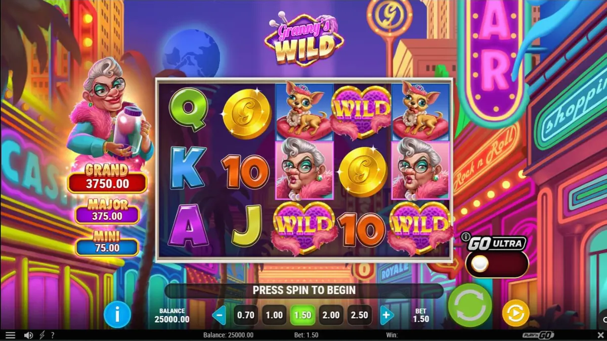 Granny’s Wild slot com tema de neon e vovó aventureira